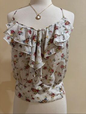 Guess White Floral Ruffle Racer Back Camisole